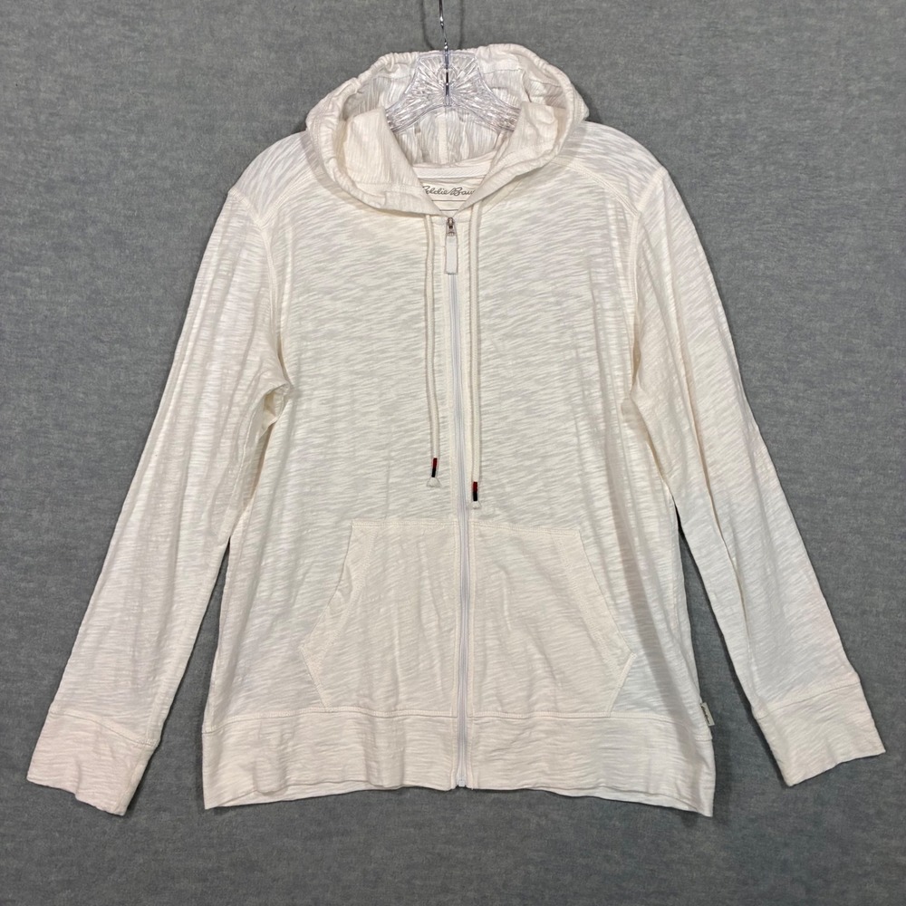 Eddie Bauer Womens White Slub Knit Full Zip Hoodie Cotton Sweatshirt Medium